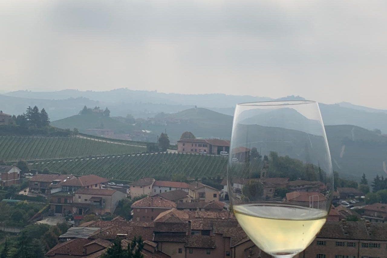 Taça de vinho branco com vilarejo e vinhedos das Langhe ao fundo