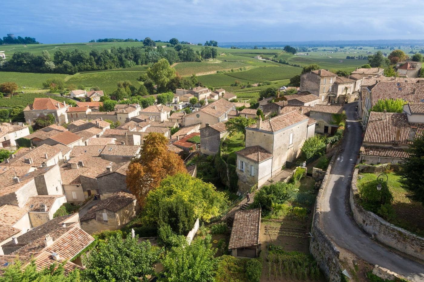 Telhados de Saint-Émilion com vinhedos se estendendo ao fundo