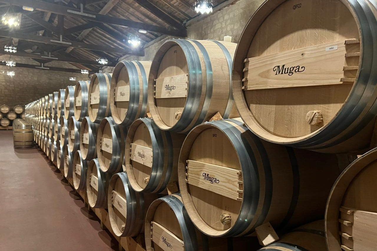 Fileiras de barricas de carvalho da Muga em galeria de adega na Rioja