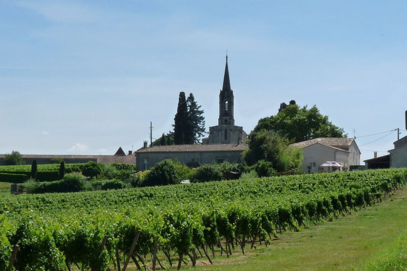Vinhedo em fileiras diante da igreja e casas de Saint-Quentin-de-Caplong, no Entre-Deux-Mers