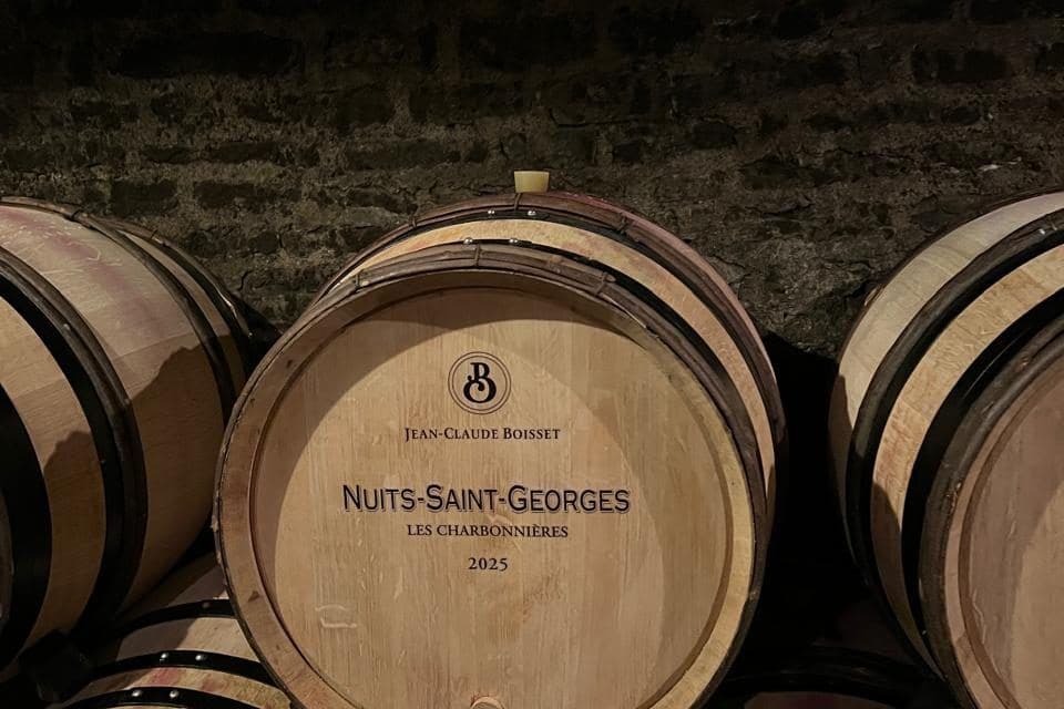 Barricas marcadas Nuits-Saint-Georges e Beaune em adega