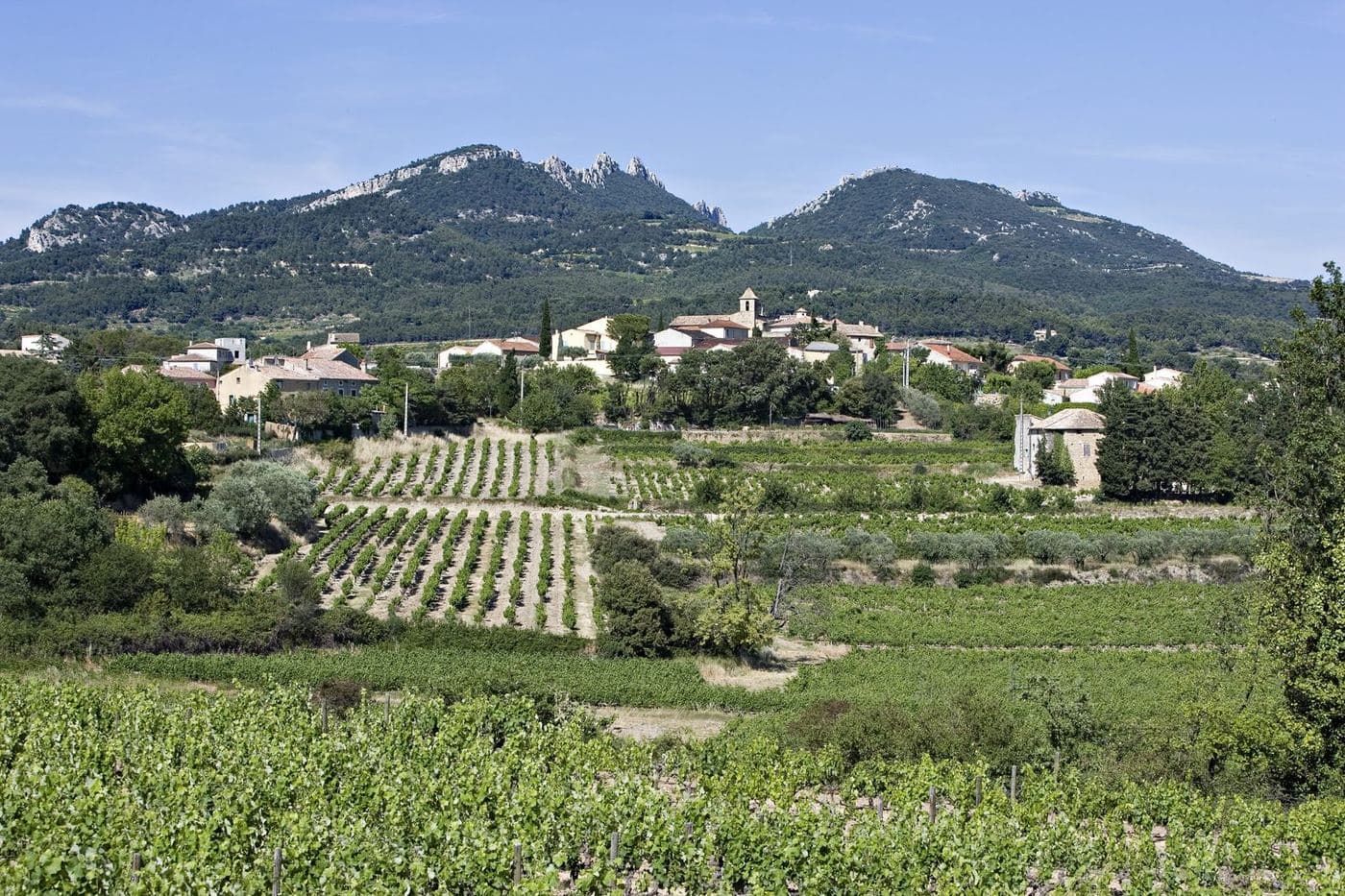 Vila de Vacqueyras entre vinhedos com as Dentelles de Montmirail ao fundo