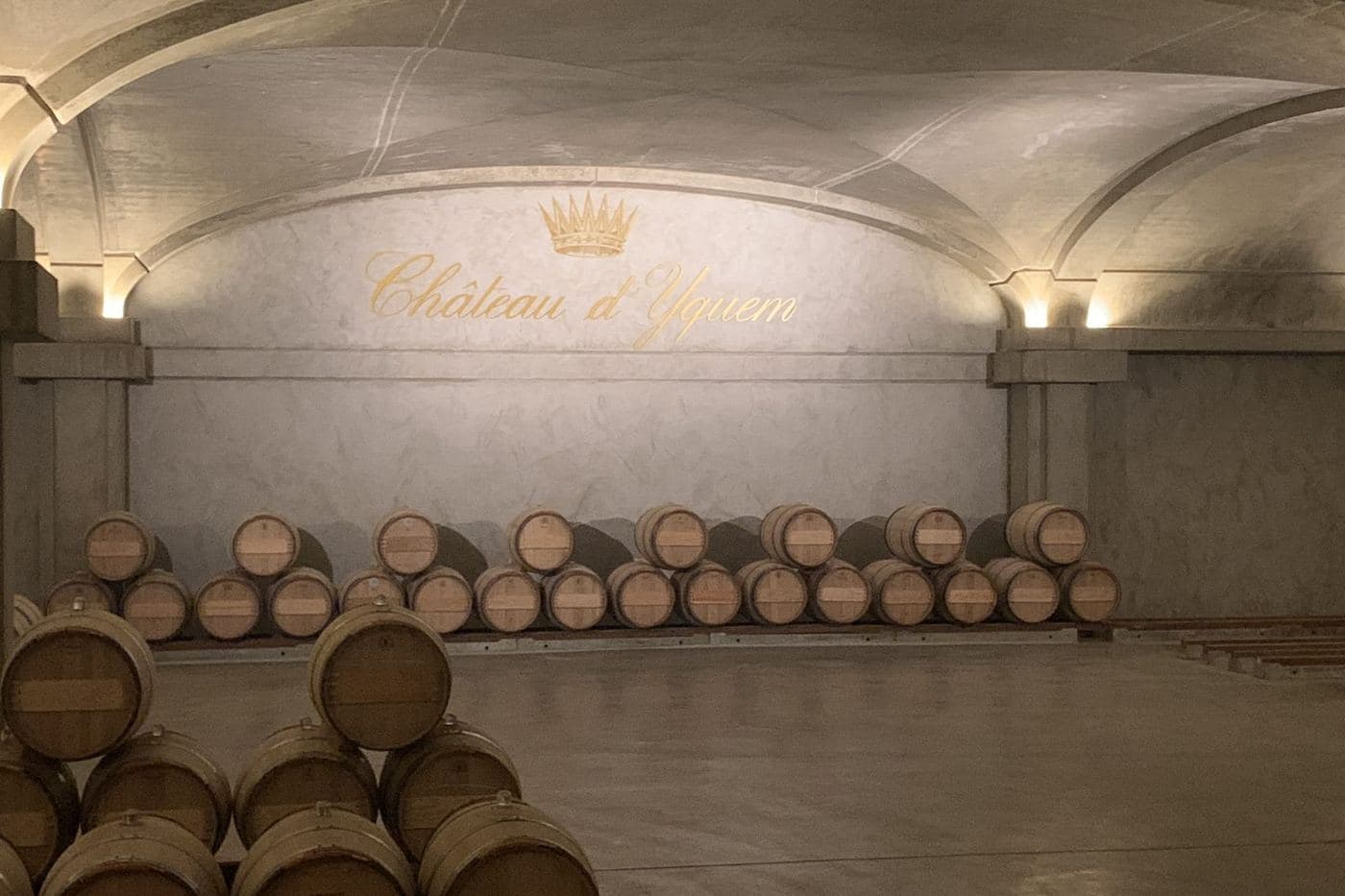 Barricas na adega abobadada do Château d'Yquem